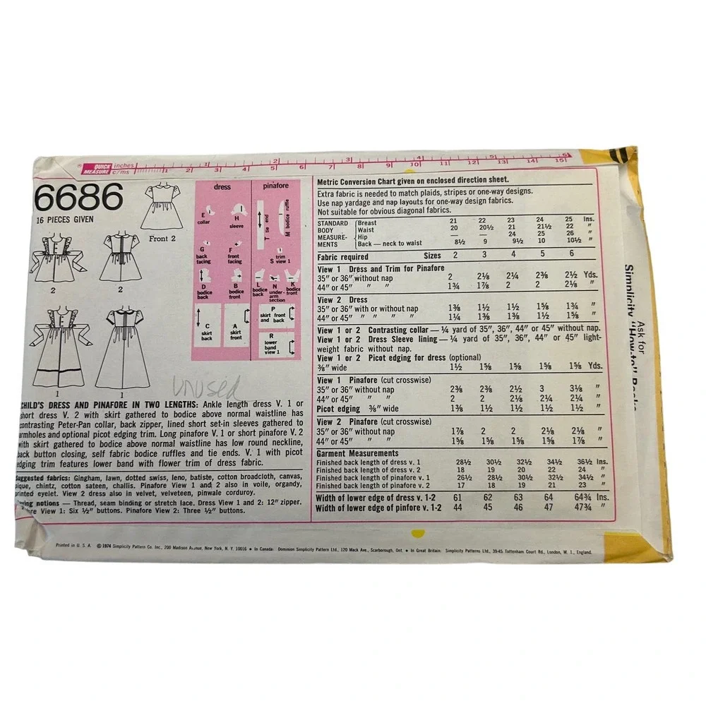 Simplicity‎ Vintage 1970's Pattern #6686 Girls Dress/Pinafore 2 Lengths Size 4